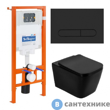 картинка Комплект BelBagno 4 в 1 BB3202CHR-MB/BB3202SC-MB/BB002-80/BB007-PR-NERO.M (унитаз подвесной BelBagno ARDENTE-C BB3202CHR-MB с сиденьем BB3202SC-MB + система инсталляции для унитазов BelBagno BB002-80 с кнопкой)