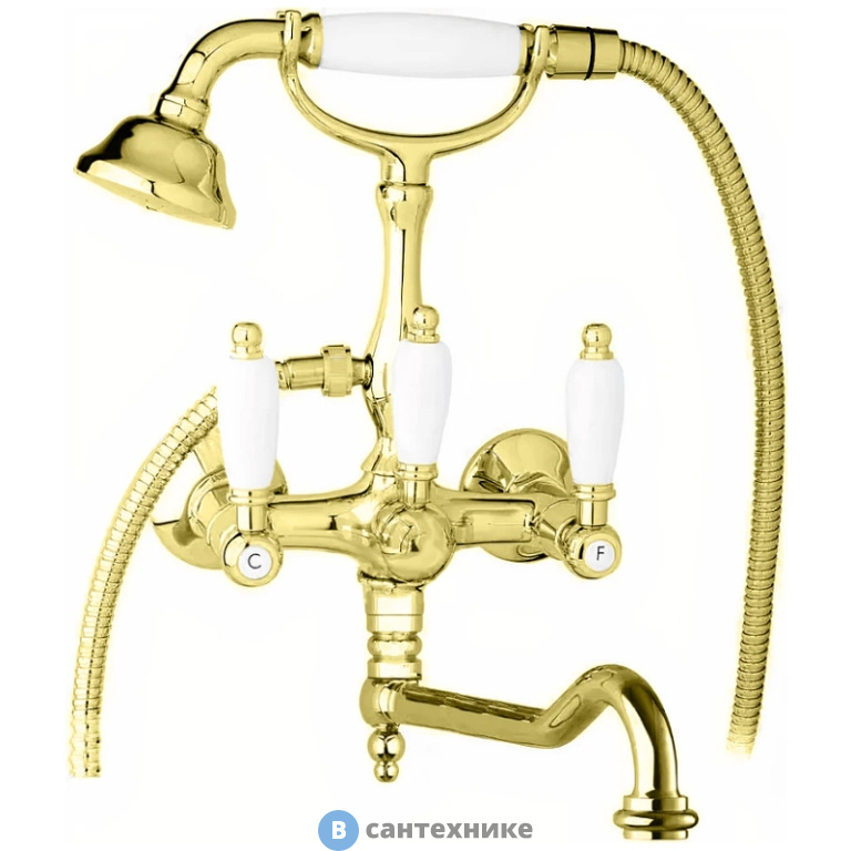 Смеситель Cezares FIRST-VDF-03/24-Bi для ванны с поворотным изливом, с ручным душем, золото, ручки белые