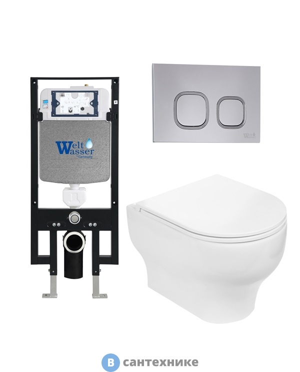 Унитаз с инсталляцией WELTWASSER и кнопкой смыва (AMBERG 497 + ERLENBACH 004 GL-WT + AMBERG RD-CR)
