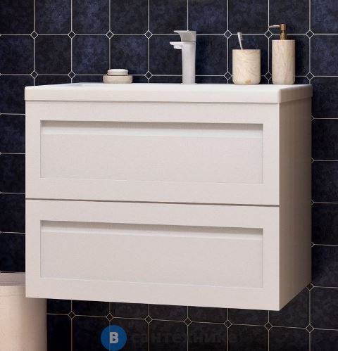 Тумба под раковину Art & MAX PLATINO AM-Platino-750-2C-SO-BM подвесная с двумя выкатными ящиками, белый матовый