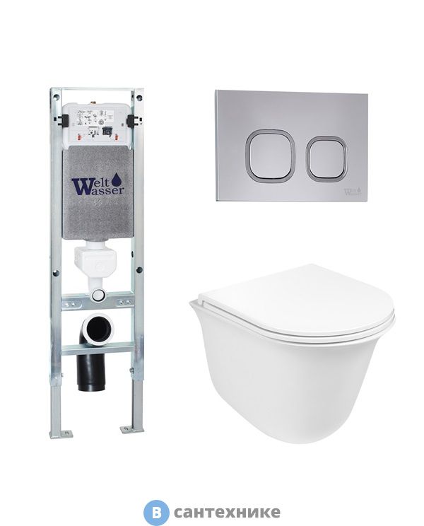 Унитаз с инсталляцией WELTWASSER и кнопкой смыва (AMBERG 350 ST + TELBACH 004 GL-WT + AMBERG RD-CR)