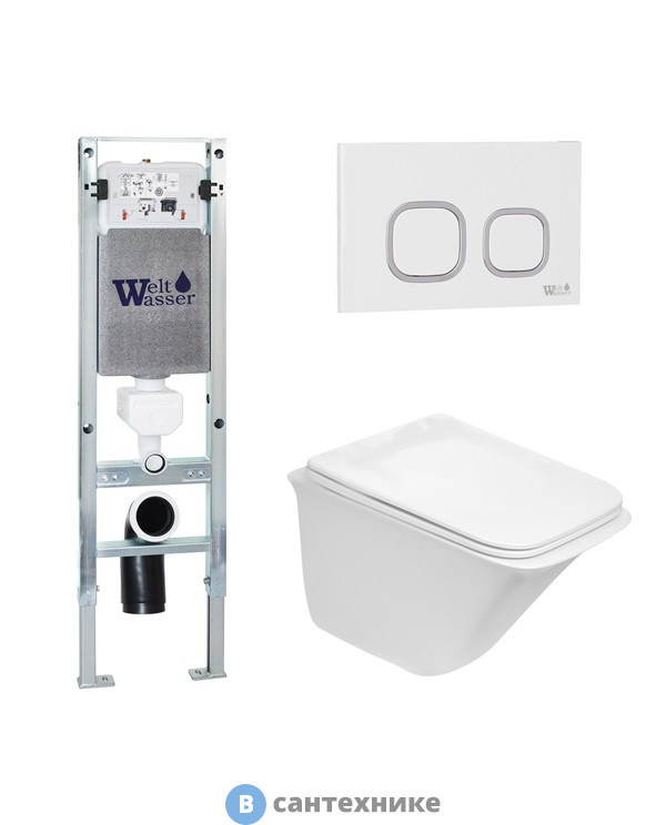 Унитаз с инсталляцией WELTWASSER и кнопкой смыва (AMBERG 350 ST + ROTBACH 004 GL-WT + AMBERG RD-WT)