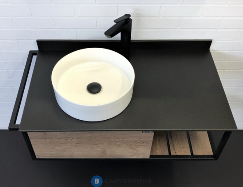 Тумба Comforty Лиссабон-95 дуб темный с левой черной столешницей с раковиной COMFORTY 9111