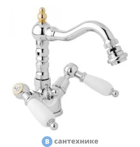 Смеситель Cezares FIRST-BS2-04-Bi на биде с донным клапаном, хром/золото, ручки белые