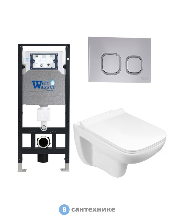 Унитаз с инсталляцией WELTWASSER и кнопкой смыва (AMBERG 506 + KEHLBACH 004 GL-WT + AMBERG RD-CR)