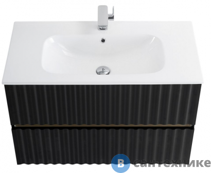 картинка Тумба под раковину Art & MAX ELEGANT AM-ELEGANT-1000-2C-SO-NM-LED подвесная с двумя выкатными ящиками, с LED подсветкой ручек, чёрный матовый, 970x469x550