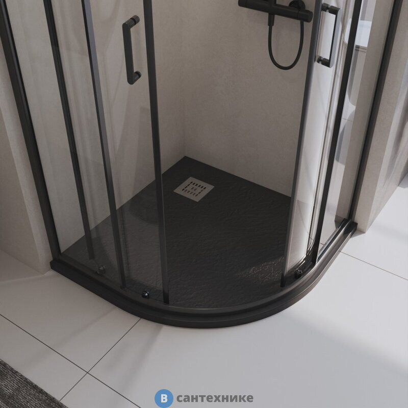 Поддон BelBagno TRAY-MR-UNO-R-90-550-35-NERO-CR из искусственного мрамора в комплекте с сифоном с декоративной накладкой (хром), чёрный