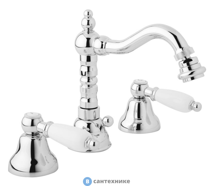 Смеситель Cezares FIRST-BBS2-01-Bi для биде на три отверстия с донным клапаном, хром, ручки белые