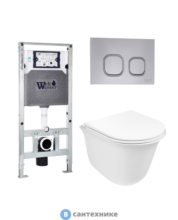 Унитаз с инсталляцией WELTWASSER и кнопкой смыва (AMBERG 506 ST + TELBACH 004 GL-WT + AMBERG RD-CR)