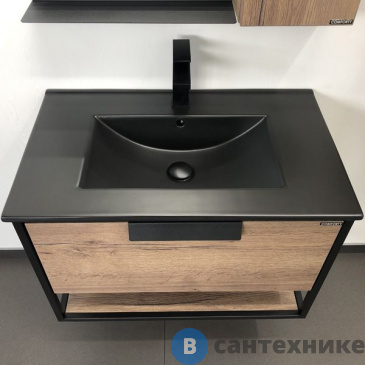 картинка Тумба Comforty Бонн-90 дуб темный с раковиной COMFORTY 90E черная матовая