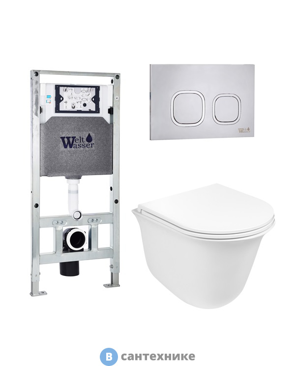Унитаз с инсталляцией WELTWASSER и кнопкой смыва (AMBERG 506 ST + TELBACH 004 GL-WT + AMBERG RD-MT CR)