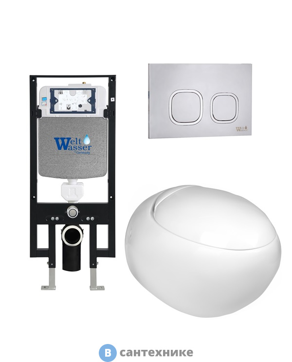 Унитаз с инсталляцией WELTWASSER и кнопкой смыва (AMBERG 497 + JECKENBACH 004 GL-WT + AMBERG RD-MT CR)