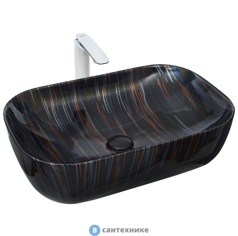 Раковина WELTWASSER ELBACH 2143P K501 накладная (мрамор чёрная с синим и оранжевым) /610х400х145/