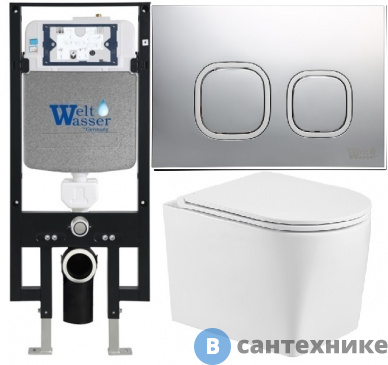 картинка Унитаз с инсталляцией WELTWASSER и кнопкой смыва (AMBERG 497 + NESENBACH 004 GL-WT + AMBERG RD-CR)
