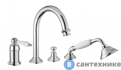 картинка Смеситель Cezares APHRODITE-BVDM-01-Bi на борт ванны с выдвижным душем и переключателем, хром, ручки белые