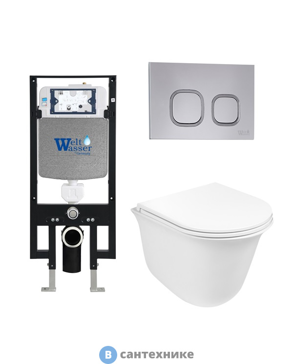 Унитаз с инсталляцией WELTWASSER и кнопкой смыва (AMBERG 497 + TELBACH 004 GL-WT + AMBERG RD-CR)
