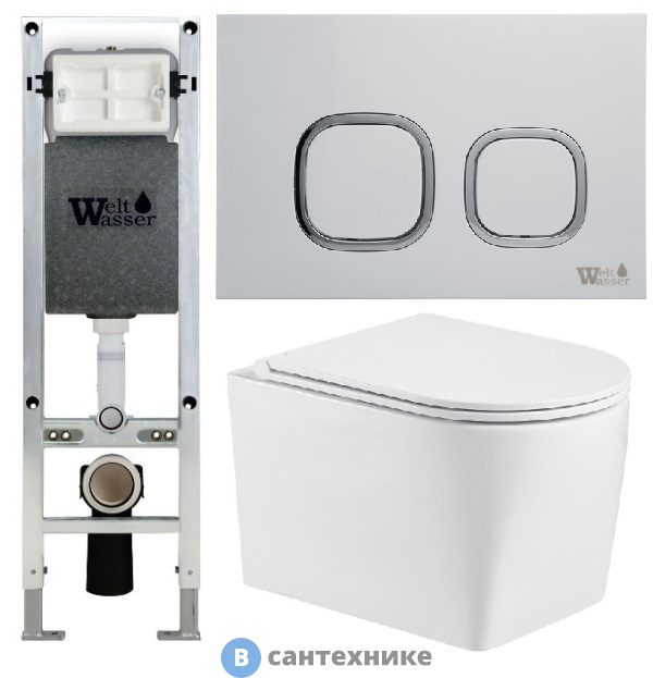 Унитаз с инсталляцией WELTWASSER и кнопкой смыва (AMBERG 350 ST + NESENBACH 004 GL-WT + AMBERG RD-WT)
