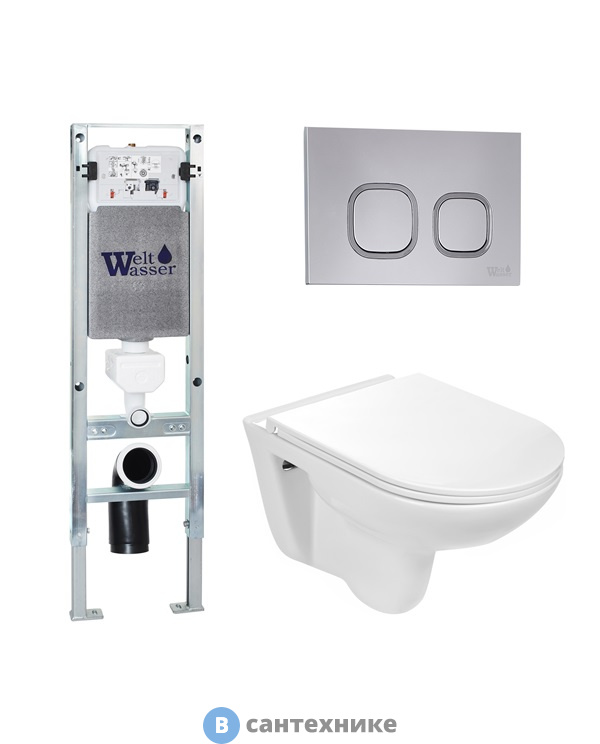 Унитаз с инсталляцией WELTWASSER и кнопкой смыва (AMBERG 350 ST + BAARBACH 004 GL-WT + AMBERG RD-CR)