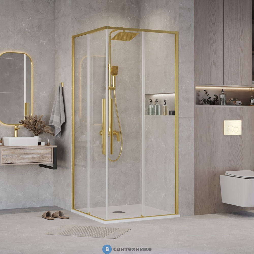 Душевое ограждение Grossman Galaxy 300.K33.01.8080.32.00 (80*80*195) квадрат, раздвиж, золото сатин, стекло прозрачн, без поддона