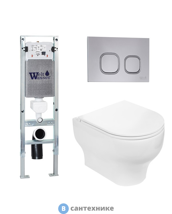 Унитаз с инсталляцией WELTWASSER и кнопкой смыва (AMBERG 350 ST + ERLENBACH 004 GL-WT + AMBERG RD-CR)