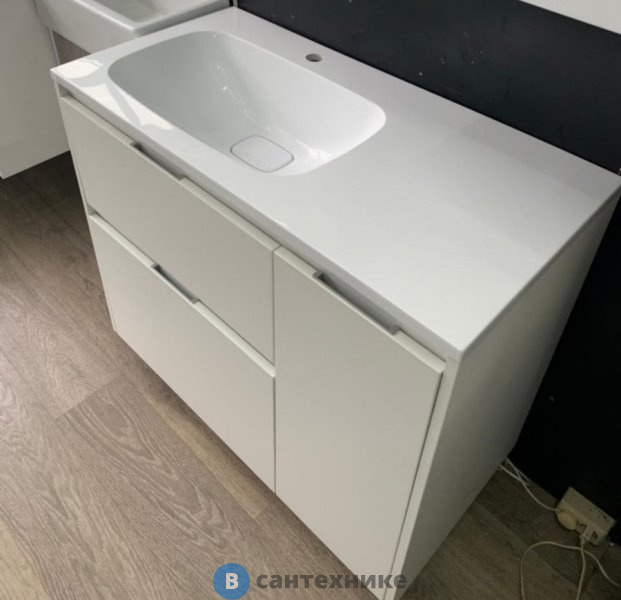 Тумба под раковину Style line Барселона 90 левая (2 ящ.) с выкатной корзиной, Люкс белая, напольная Plus (2000564210004)