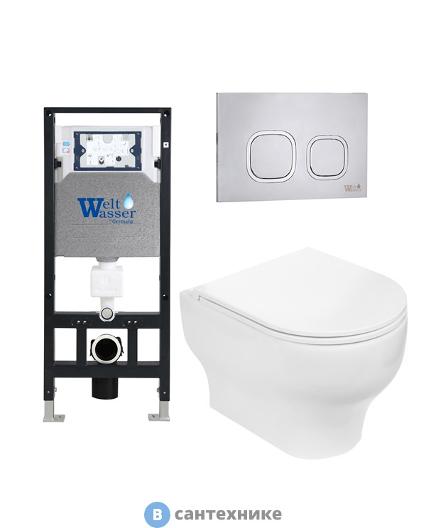 Унитаз с инсталляцией WELTWASSER и кнопкой смыва (AMBERG 506 + ERLENBACH 004 GL-WT + AMBERG RD-MT CR)