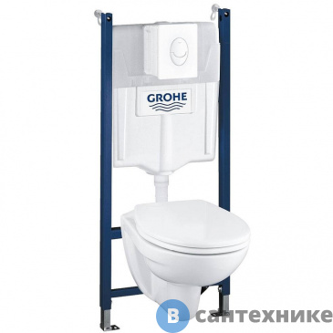 картинка Унитаз с инсталляцией Grohe 39117000 Solido Набор 4-в-1 (подвесной унитаз с сиденьем и крышкой + система инсталляции с панелью смыва Skate)