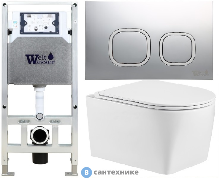 Унитаз с инсталляцией WELTWASSER и кнопкой смыва (AMBERG 506 ST + NESENBACH 004 GL-WT + AMBERG RD-CR)