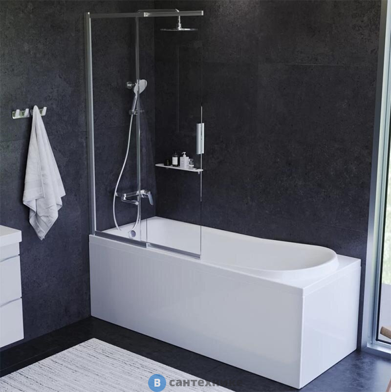 Шторка АМ.РМ Like W80BS-100-140CT на борт ванны 100х140, поворотно-складная, хром, стекло прозрачное