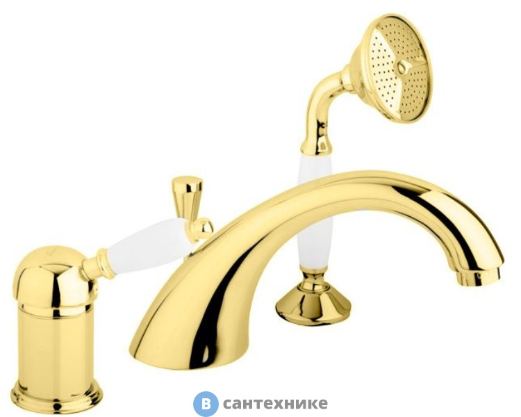 Смеситель Cezares ELITE-BVDM-03/24-Bi на борт ванной однорычажный с выдвижным душем и переключателем, золото