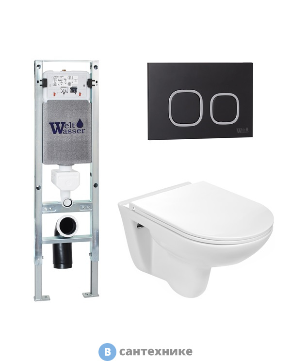 Унитаз с инсталляцией WELTWASSER и кнопкой смыва (AMBERG 350 ST + BAARBACH 004 GL-WT + AMBERG RD-BL)