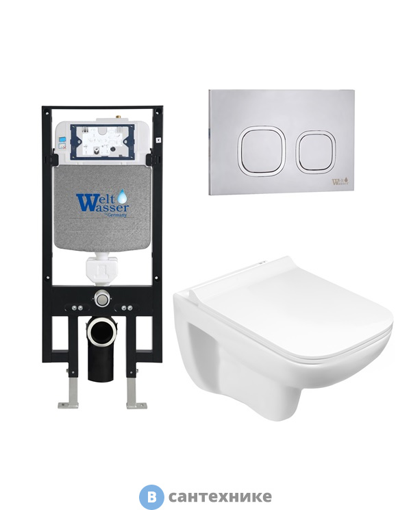 Унитаз с инсталляцией WELTWASSER и кнопкой смыва (AMBERG 497 + KEHLBACH 004 GL-WT + AMBERG RD-MT CR)