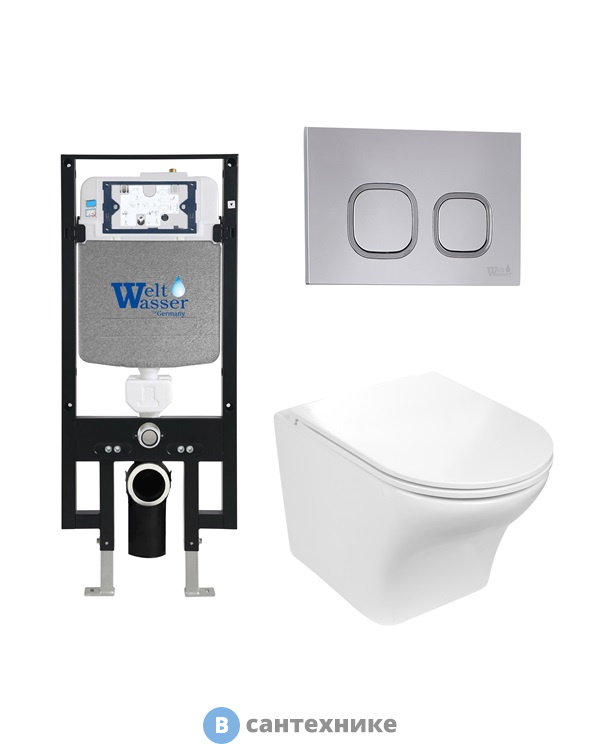 Унитаз с инсталляцией WELTWASSER и кнопкой смыва (AMBERG 497 + ODENBACH 004 GL-WT + AMBERG RD-CR)
