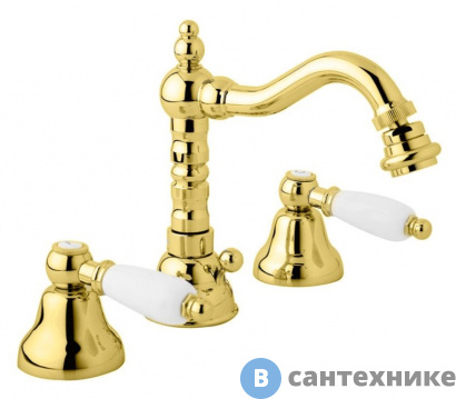 картинка Смеситель Cezares FIRST-BBS2-03/24-Bi для биде на три отверстия с донным клапаном, золото, ручки белые