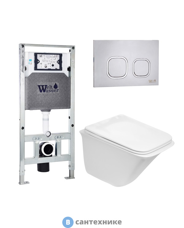 Унитаз с инсталляцией WELTWASSER и кнопкой смыва (AMBERG 506 ST + ROTBACH 004 GL-WT + AMBERG RD-MT CR)
