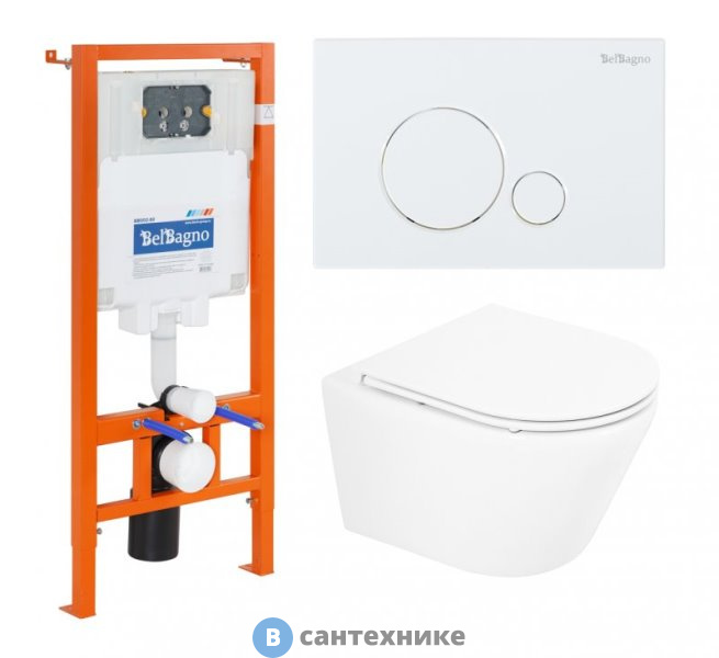 Комплект BelBagno 3 в 1 BB8001CHR/SC/BB002-80/BB014-SR-BIANCO (унитаз подвесной с сиденьем BelBagno TRE BB8001CHR/SC + система инсталляции для унитазов BelBagno BB002-80 с кнопкой смыва BB014-SR-BI)