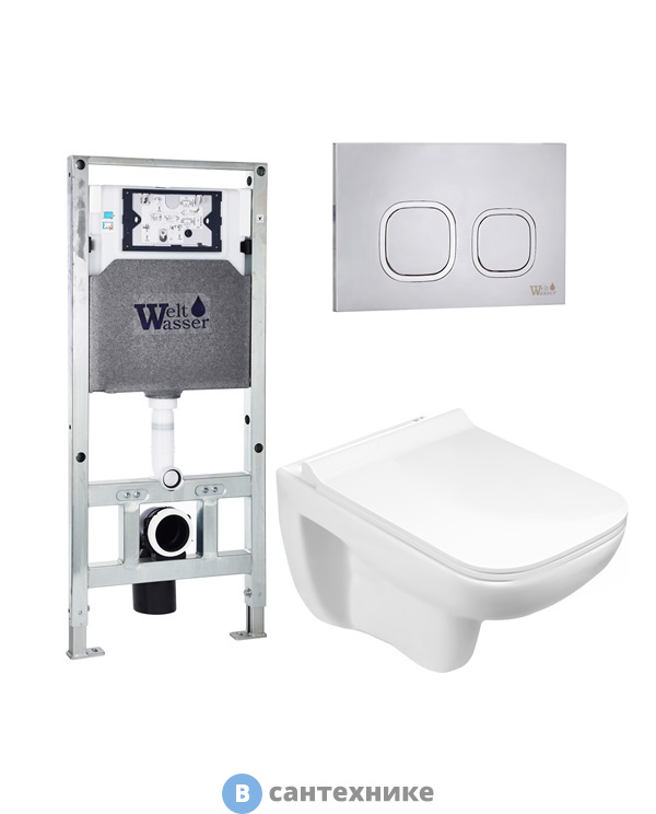 Унитаз с инсталляцией WELTWASSER и кнопкой смыва (AMBERG 506 ST + KEHLBACH 004 GL-WT + AMBERG RD-MT CR)
