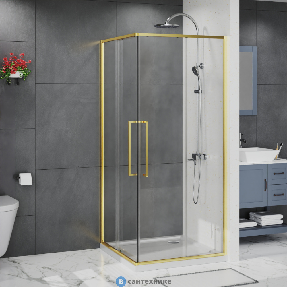 Душевое ограждение Azario SHANGHAI SQP-100х100х195-BGL-CL, прозрачное стекло 6 мм, профиль брашированное золото (AZ-R43-100-BGL-CL)