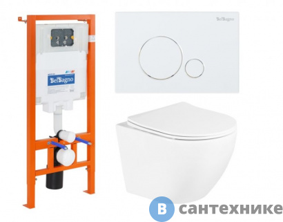 картинка Комплект BelBagno 3 в 1 BB3105CHR/SC/BB002-80/BB014-SR-BIANCO (унитаз подвесной с сиденьем BelBagno UNO BB3105CHR/SC + система инсталляции для унитазов BelBagno BB002-80 с кнопкой смыва BB014-SR-BI)