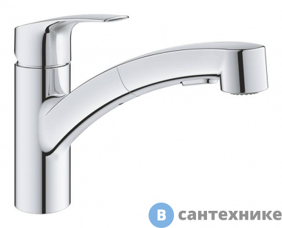 картинка Смеситель Grohe 30305001 Eurosmart 2021 для кухонной мойки, низкий выдвижной излив, хром