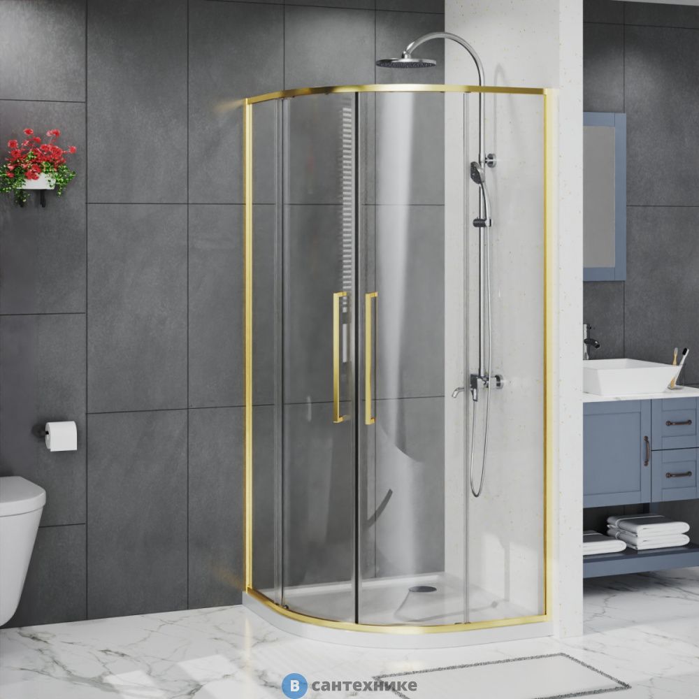 Душевое ограждение Azario SHANGHAI ROD-90х90х195-BGL-CL, прозрачное стекло 6 мм, профиль брашированное золото (AZ-S43-90-BGL-CL)