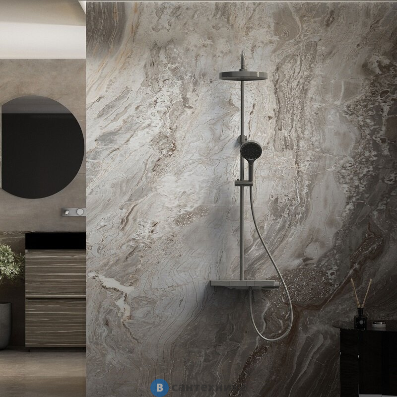 Душевая стойка Vincea Inspire VSFS-3I12TGM термостатическая с изливом, 30 см верх. душ, вороненая сталь