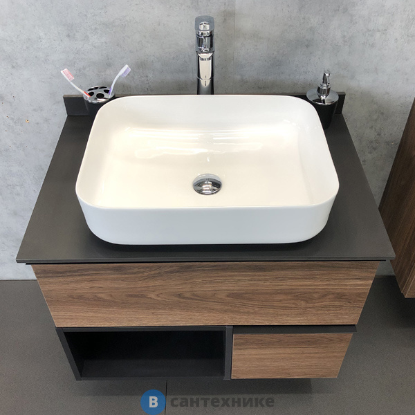 Тумба Comforty Штутгарт-75 дуб тёмно-коричневый с черной столешницей c раковиной COMFORTY T-Y9378