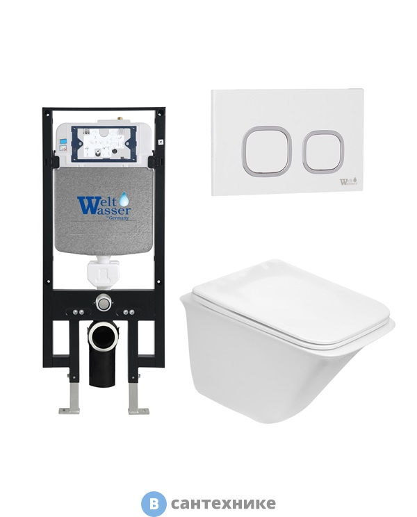 Унитаз с инсталляцией WELTWASSER и кнопкой смыва (AMBERG 497 + ROTBACH 004 GL-WT + AMBERG RD-WT)