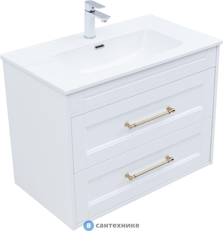 Тумба с раковиной Aquanet Бостон new 80 (Flat) цв.белый сатин, ручки золото (347847)