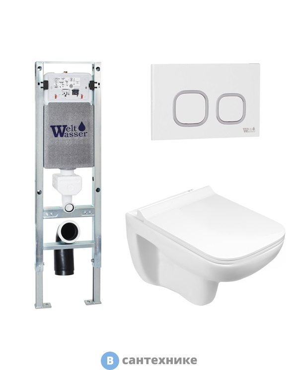Унитаз с инсталляцией WELTWASSER и кнопкой смыва (AMBERG 350 ST + KEHLBACH 004 GL-WT + AMBERG RD-WT)