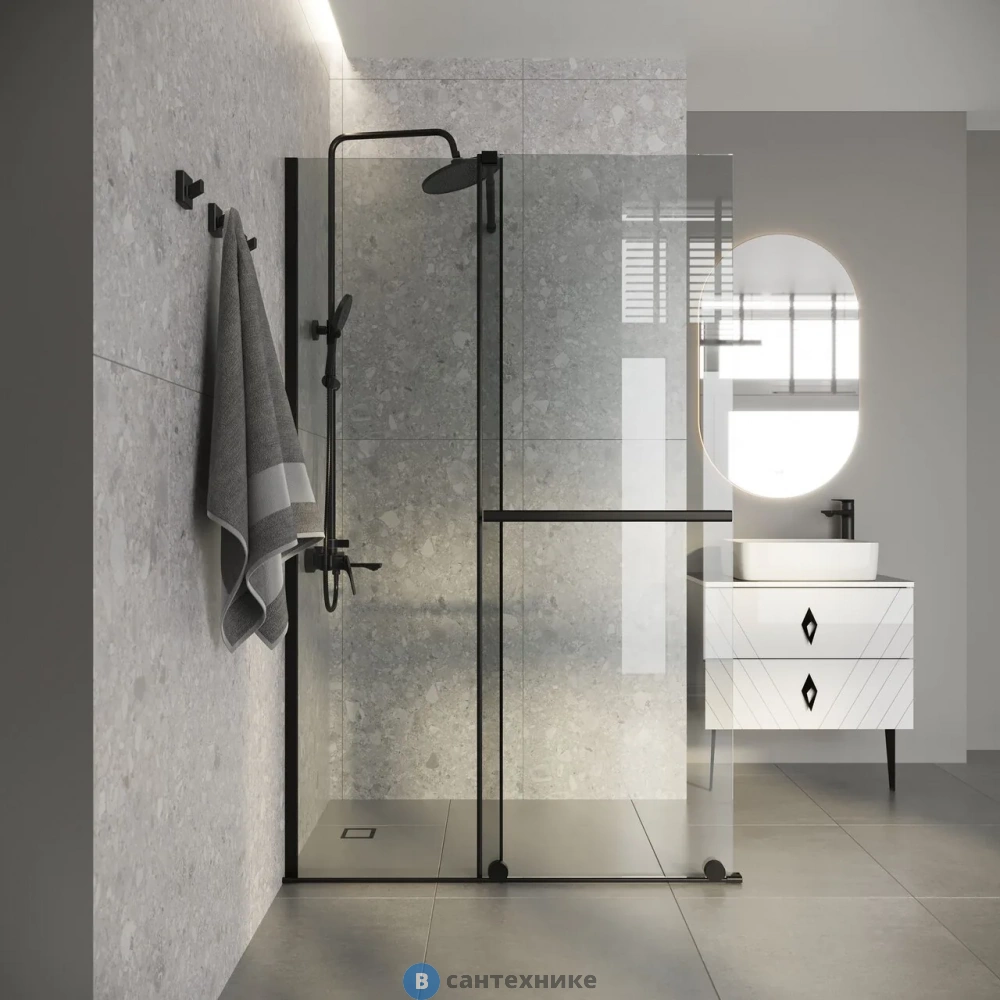 Душевая перегородка Niagara Nova NG-671-10 BLACK (100х200) черный матовый, раздвижная, стекло прозрачное