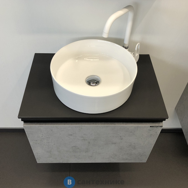 Тумба Comforty Эдинбург-60 бетон светлый с черной столешницей с отверстием под смеситель, с раковиной COMFORTY 9111