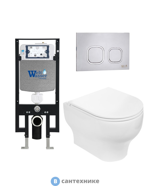 Унитаз с инсталляцией WELTWASSER и кнопкой смыва (AMBERG 497 + ERLENBACH 004 GL-WT + AMBERG RD-MT CR)
