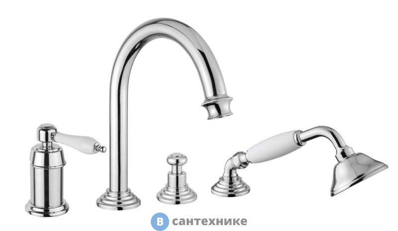 Смеситель Cezares APHRODITE-BVDM-01-Bi на борт ванны с выдвижным душем и переключателем, хром, ручки белые